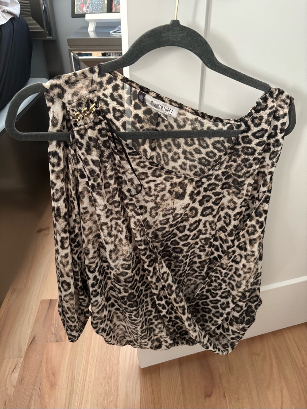 Jennifer Lopez Leopard-Print One-Shoulder Camisole in Beige and Black
